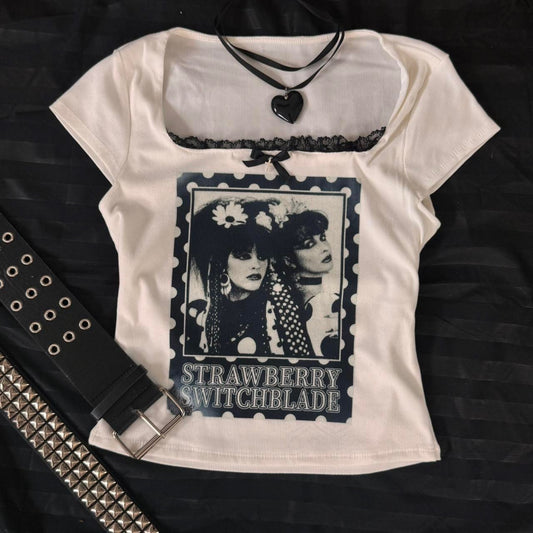 Deadbunny Strawberry switchblade black and white baby tee